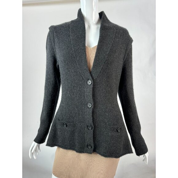 Magaschoni Cashmere Button Front Cardigan With Peplum Hem & Puff Sleeves - Gray - Picture 1 of 16